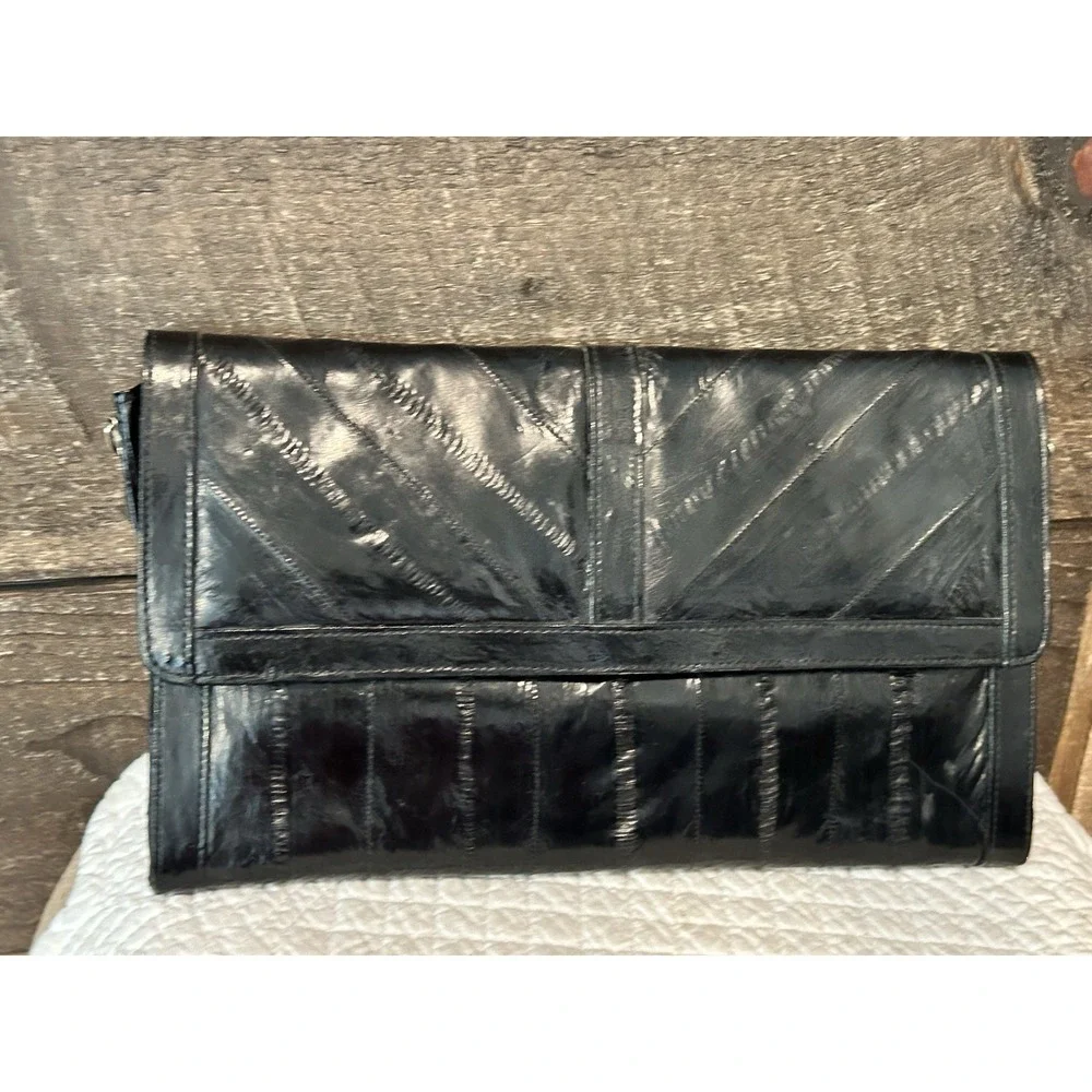 VTG‎  Large Eel Skin Clutch Crossbody Purse Black 11.5 x 7.5 In Korea 1980